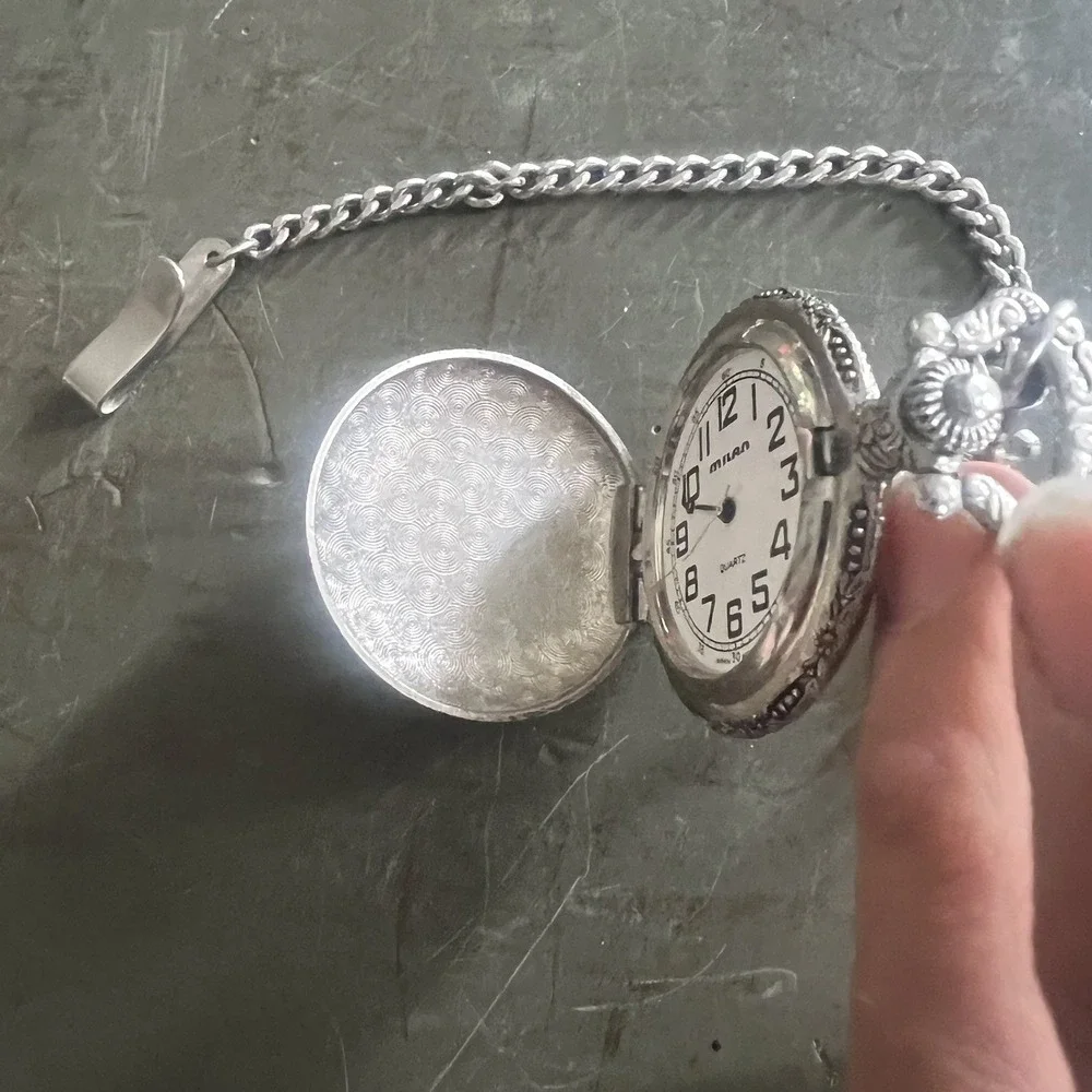 Vintage Milan Silver Toned Analog Pocket Watch Date Indicator Fisherman